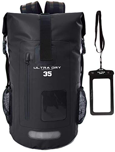 Premium 55L Wasserdichter Dry Bag Rucksack, Sack mit Telefon Dry Bag, perfekt für Bootfahren, Kajak, Wandern, Kanufahren, Angeln, Rafting, Schwimmen, Camping, Snowboarden (Schwarz, 55 Liter) von Ultra Dry Adventurer