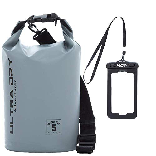Wasserdichte Premium-Tasche, Tasche mit Handy-Trockentasche und langem verstellbarem Schultergurt inklusive, perfekt für Kajak/Boot/Kanufahren/Angeln/Rafting/Schwimmen/Camping/Snowboarden (grau, 5 l) von Ultra Dry Adventurer