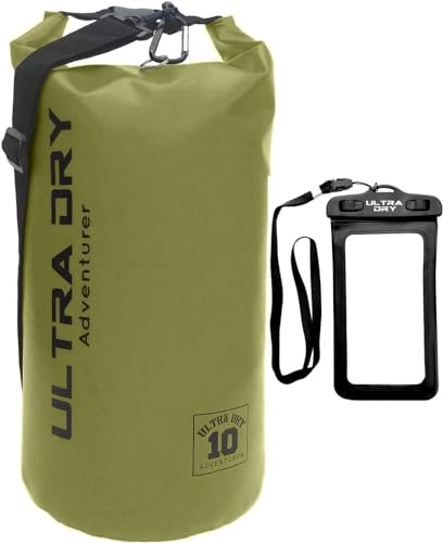 Wasserdichte Premium-Tasche, Tasche mit Handy-Trockentasche und langem verstellbarem Schultergurt inklusive, perfekt für Kajak/Boot/Kanufahren/Angeln/Rafting/Schwimmen/Camping/Snowboarden (grün, 5 l) von Ultra Dry Adventurer