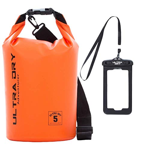 wasserdichte Premium-Tasche, Tasche mit Handy-Trockentasche und langem verstellbarem Schultergurt inklusive, perfekt für Kajak/Boot/Kanufahren/Angeln/Rafting/Schwimmen/Camping (Orange 5 l) von Ultra Dry Adventurer