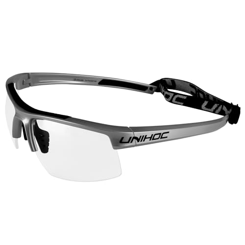 Unihoc Schutzbrille Energy Senior | Höchster Schutz beim Floorball | Verstellbare Bügel | Inkl. Aufbewahrungsbox, Brillenband, Putztuch | Schwarz von Unihoc