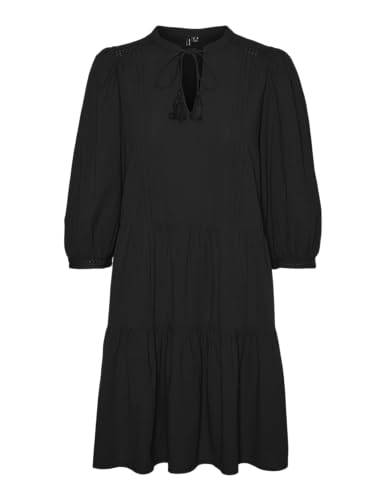 VERO MODA Damen Kurzes Crepe Kleid mit Kordel Midi Dress 3/4 Ärmel Sommerkleid Tunika, Farben:Schwarz, Größe:XS von VERO MODA