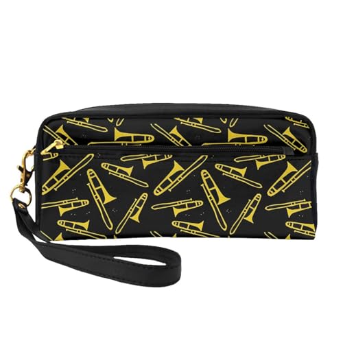 VHPNWJOB Schwarze und gelbe Posaune, Make-up-Tasche, Kosmetiktasche, tragbare Reise-Kulturtasche, Leder-Federmäppchen für Frauen und Mädchen von VHPNWJOB