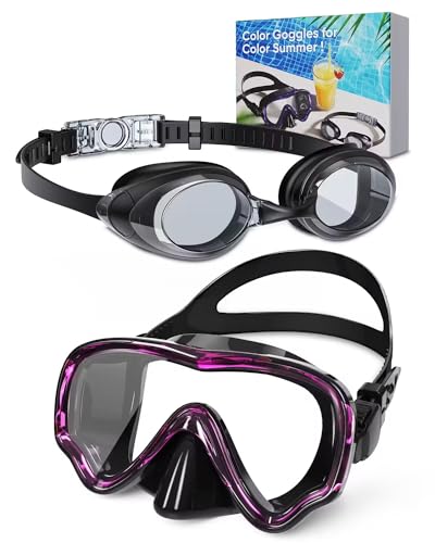 VOSOIR Schwimmbrille und Taucherbrille Set für Erwachsene, Anti Fog Schwimmbrillen, Panorama Tauchmaske mit Nasenschutz（Rosa） von VOSOIR