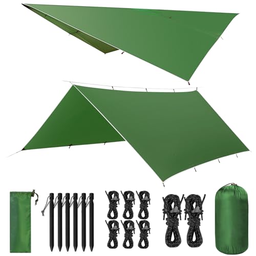VOSOIR Tarp 3x4M Wasserdicht, Ultraleicht Camping Zeltplane, mit 15 Öse+6 Aluminiumstifte+8 Nylonseile, Anti-UV Schnee Regen Schutz, Leicht Kompakt, für Hängematte Camping Picknick(Hellgrün) von VOSOIR