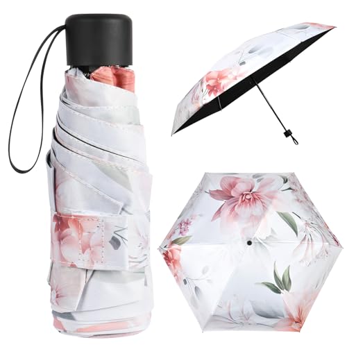 Vicloon Taschenschirm Ultraleicht, Mini Umbrella mit 6 Edelstahl Rippen, Kompakt, Faltender UV-Regenschirm für Erwachsene und Kinder, Leicht Kompakt, Stetig, Blumen Muster, 220g von Vicloon