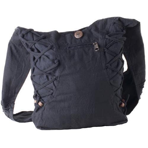 Vishes Alternative Bekleidung - Yogi Umhängetasche aus Baumwolle mit Schnüren und Holzperlen schwarz-schwarz von Vishes