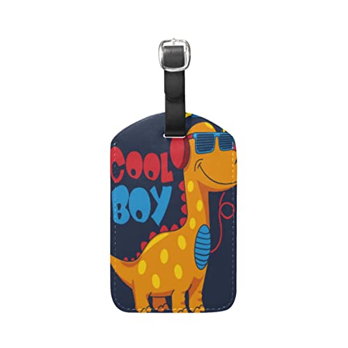 Cooler Junge Dinosaurier Cartoon Kofferanhänger mit Adressschild Lustig Leder Gepäckanhänger ID Etikett mit Namenschild für Reise Koffer Tasche(3PACK) von Vnurnrn