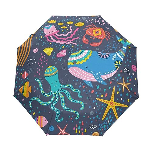 Meereslebewesen Delfine Wale Aniaml Regenschirm Taschenschirm Kinder Jungen Mädchen UV-Schutz Auf-Zu Automatik Umbrella Verstärkt Winddichte Zusammenklappbar von Vnurnrn