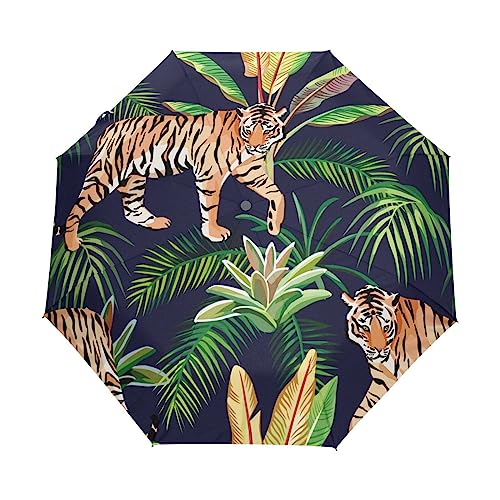 Süße Tiger Tiere Pflanzen Dschungel Regenschirm Taschenschirm Kinder Jungen Mädchen UV-Schutz Auf-Zu Automatik Umbrella Verstärkt Winddichte Zusammenklappbar von Vnurnrn