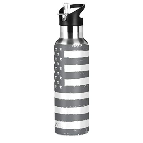 Vnurnrn Amerikanische Flagge Usa Grau Wasserflasche Edelstahl Trinkflasche Auslaufsichere Flasche mit Stroh für Jungen Mädchen von Vnurnrn