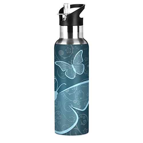 Vnurnrn Blauer Schmetterling Wasserflasche Edelstahl Wasser Flasche Isolierte Wasserkanne mit Strohhalm Water Bottle(600 ml) von Vnurnrn