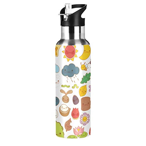 Vnurnrn Weiße Wolkensonne Sonnenblume Wasserflasche Edelstahl Wasser Flasche Isolierte Wasserkanne mit Strohhalm Water Bottle(600 ml) von Vnurnrn