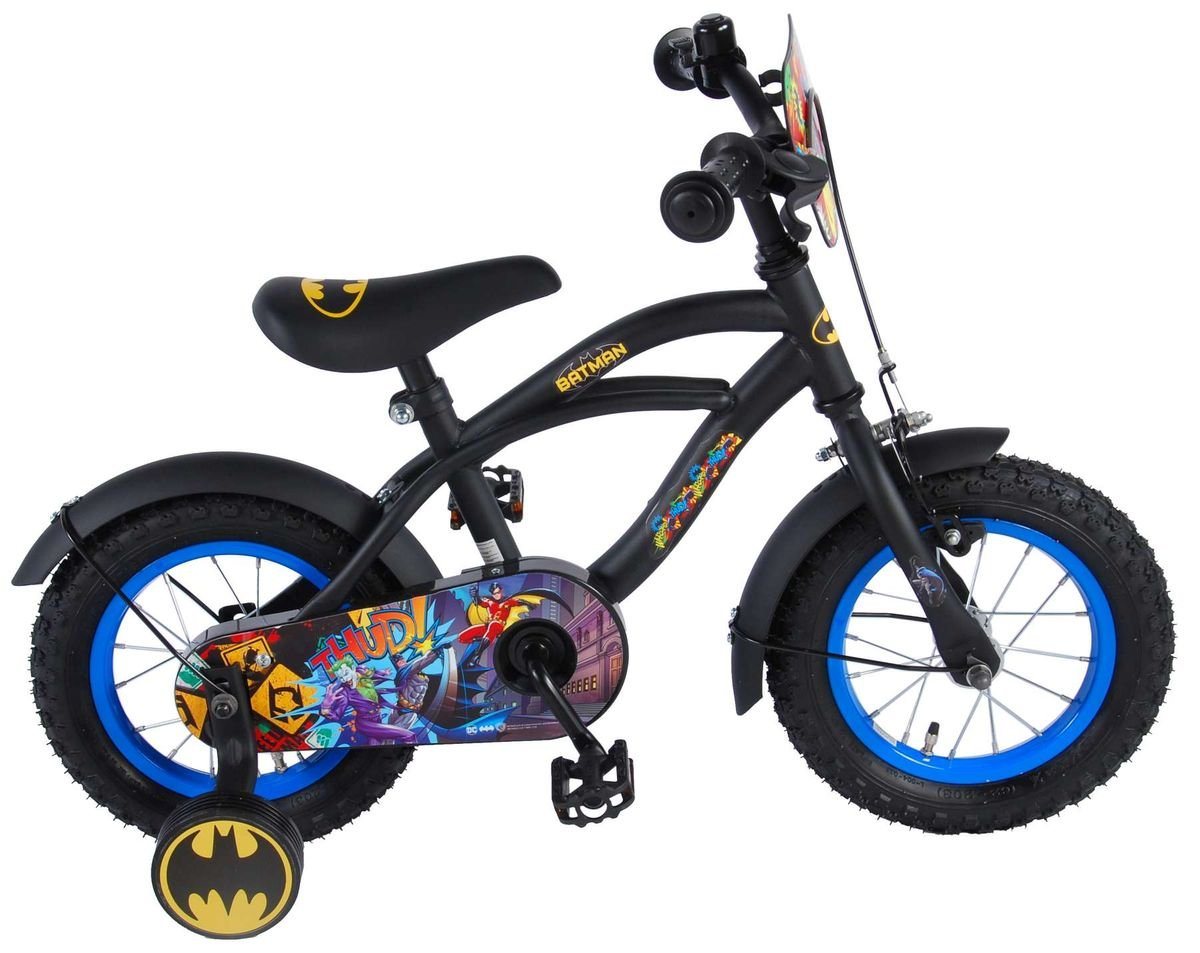 Volare Kinderfahrrad 12 Zoll Kinder Jungen Fahrrad Kinderrad Rad Bike Cruiser Batman 81234, Rücktrittbremse, Stützräder von Volare