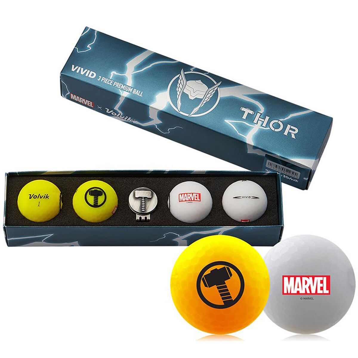 Volvik Yellow, White and Black Thor Print Marvel 4 Pack of Golf Balls with Marker, One Size | American Golf von Volvik
