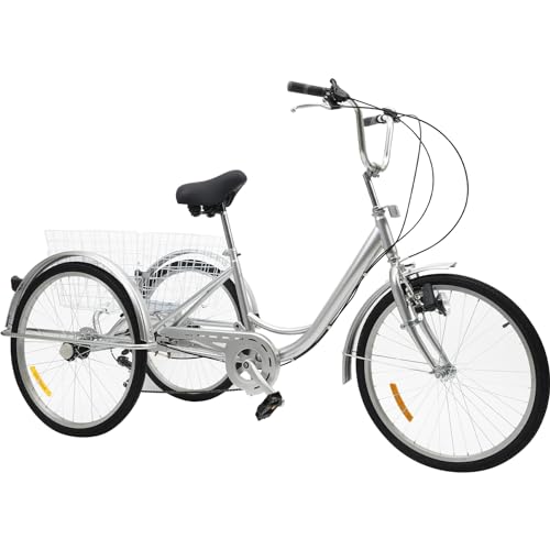 WDZCZDoo 24 Zoll Dreirad für Erwachsene, 6-Gang 3-Rad Fahrrad mit Einkaufskorb und Schleifscheibenlicht, Höhenverstellbares, Silber von WDZCZDoo