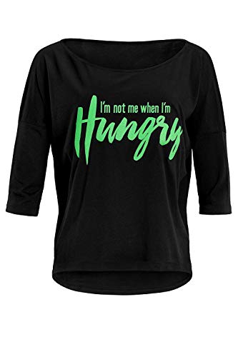 Winshape Damen Ultra leichtes Modal-3/4-Arm Shirt MCS001 mit neon grünem „I am not me When I am Hungry” Glitzer-Aufdruck, Dance Style, Fitness Freizeit Sport Yoga, Schwarz-neon-grün-Glitzer, XS von WINSHAPE