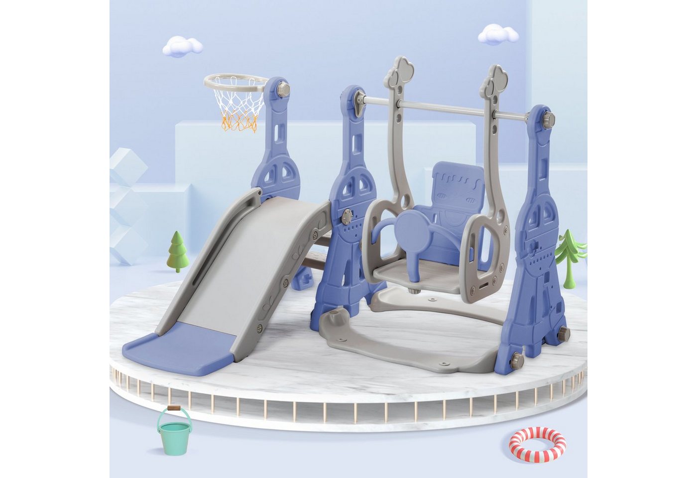 WISHDOR Indoor-Rutsche 4 in 1 Kinderrutsche Rutsche Fun-Slide Schaukel mit Basketballkorb, (Schaukel Rutsche Gartenrutsche mit Rutschbahn), für 1-6 Jahre Kinder Indoor & Outdoor von WISHDOR