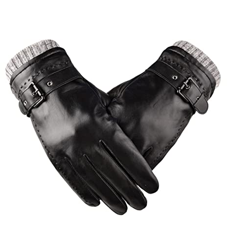 Winter Echtes Schafsleder Handschuhe für Männer, Warm Touchscreen Texting Kaschmir gefüttert Fahren Motorrad Handschuhe,Schwarz,M von WLDOCA