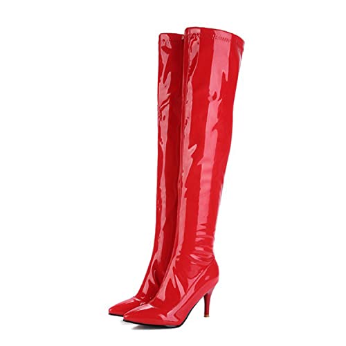 WOkismD Overknee-Stiefel für Damen Sexy Stiletto High Heel Lackleder Overknee-Stiefel mit spitzer Zehenpartie und seitlichem Reißverschluss,Rot,37 von WOkismD