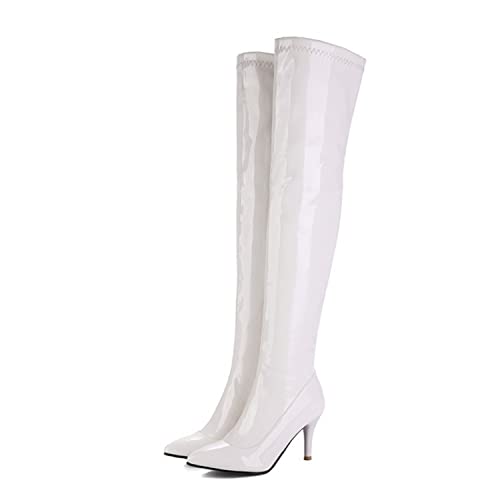 WOkismD Overknee-Stiefel für Damen Sexy Stiletto High Heel Lackleder Overknee-Stiefel mit spitzer Zehenpartie und seitlichem Reißverschluss,Weiß,47 von WOkismD