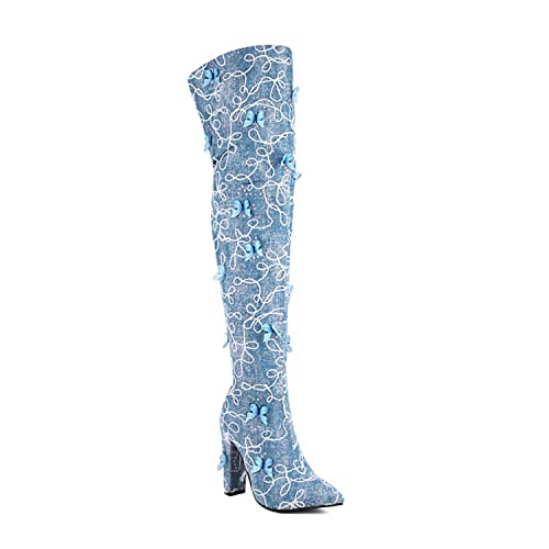 WOkismD Overknee-Stiefel für Damen mit Blockabsatz Denim Oberschenkelhohe Stiefel Stretch Sexy Spitzschuh Reißverschluss Lange Stiefelschuhe,Blau,39 von WOkismD
