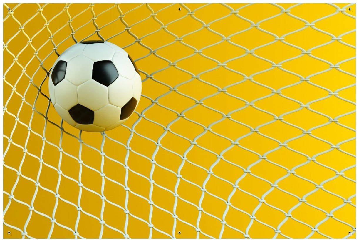 Wallario Sichtschutzzaunmatten Fußball im Tor - Hintergrund gelb von Wallario