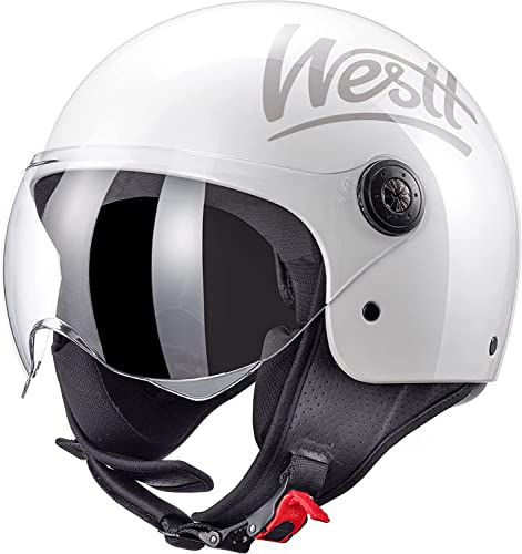 Westt Classic Jethelm mit Visier Motorradhelm Herren Damen Roller Chopper Helm Mopedhelm Retro Mofa Helm Motorrad Pilotenhelm Halbschalenhelm mit ECE DOT Zulassung, weiß glänzend, L (57-58 cm) von Westt