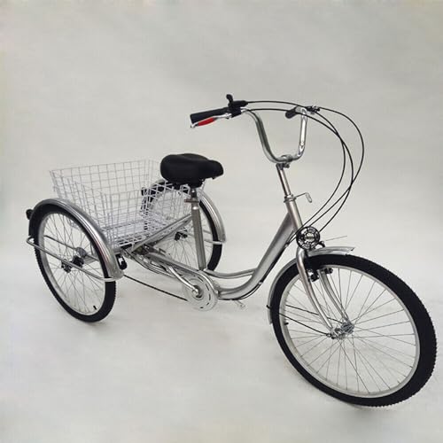 Dreirad für Erwachsene 24 Zoll 6 Gang 3 Rad Seniorenrad Erwachsenendreirad Einkauffahrrad mit Körb Trike Tricycle für Shopping Transport Fahrrad Seniorenfahrrad Fahrzeug Höhe 110-120cm Silber von Wiyuer