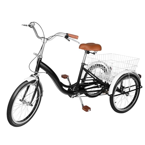 Wiyuer 20 Zoll Dreirad Single Speed Schwarz für 3 Räder Tricycle Senioren Fahrrad mit Einkaufskorb für Senioren und Erwachsene auf Reisen und beim Einkaufen Maximale Belastung 110kg von Wiyuer