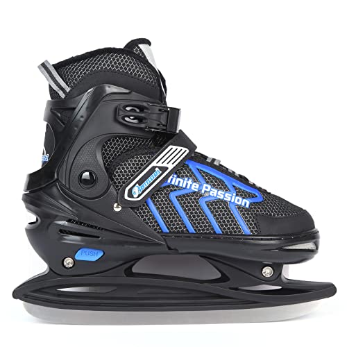 Verstellbar Eishockey Schlittschuhe für Herren Damen Erwachsene Kinder, Edelstahl Ice Skates, Eislaufschuhe mit Schnellschnürsystem & Push-Lock-Schnalle für Sicheren Halt (Schwarz blau, M35_38) von XIUWOUG