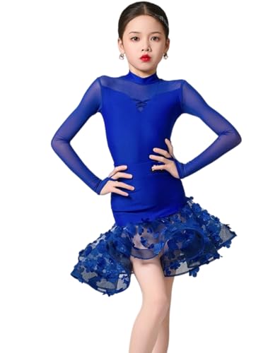 Xytraiihw Mädchen Latin Dance Kleid Ballroom Kostüm, Kinder Pratice Dance Kostüm Professionelle Lange Ärmel Latin Kleid Kostüm,Blau,120 von Xytraiihw