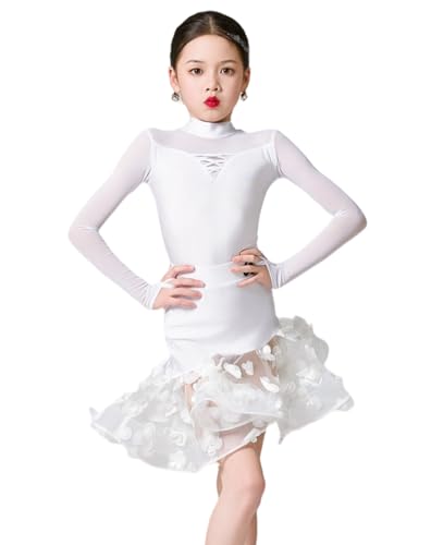 Xytraiihw Mädchen Latin Dance Kleid Ballroom Kostüm, Kinder Pratice Dance Kostüm Professionelle Lange Ärmel Latin Kleid Kostüm,Weiß,170 von Xytraiihw