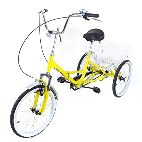 YESTAIM 20-Zoll-Dreirad für Erwachsene, Seniorenfahrrad, Rikscha-Dreirad, 8-Gang-Leichtgewicht-Korb-Fahrrad, höhenverstellbar, faltbar (hellgelb) von YESTAIM