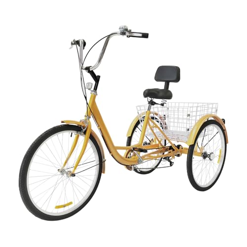 YESTAIM 24-Zoll-Erwachsenendreirad, älteres Fahrrad, menschliches angetriebenes Dreirad ohne Lichter, 6-Gang-Fahrrad aus leichtem Korb, verstellbare Höhe, faltbar gelb von YESTAIM