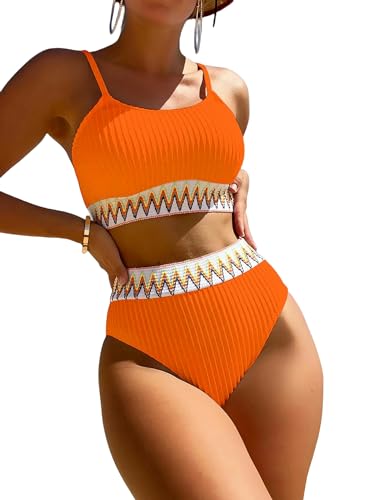 YMLHAQ Bikini Bikini Badeanzug Hohe Taille Split Badeanzug Damen Sommer Schwimmen Wasser Urlaub Anzug-Orangenrot-XL von YMLHAQ