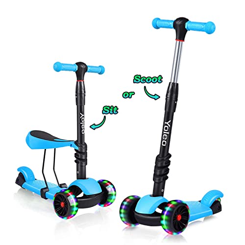 Yoleo 3-in-1 Kinder Roller Scooter mit Abnehmbarem Sitz, LED große Räder, Höheverstellbare Lenker für Kleinkinder Jungen Mädchen ab 2 Jahre (Blau) von YOLEO