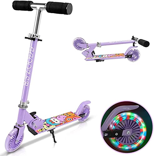 Yuanj Roller Kinder Scooter, Höhenverstellbarer kinderscooter mit LED PU Räder, kinderroller für Mädchen und Jungen 3-12 Jahre alt (Lila 2 Wheels) von YUANJ