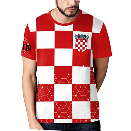 YuanDiann 2022 Katar Fußball Weltmeisterschaft T-Shirt 3D Drucken Nationalflagge Kurzarm Rundhalsausschnitt Fanshirt Sport Casual Atmungsaktiv Trikots Shirt für Erwachsene und Kinder Kroatien 3# 2XL von YuanDiann