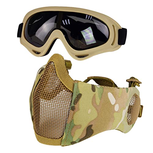 Yzpacc Taktische Airsoft Maskenbrille Set, Verstellbare Halbgesichtsmaske mit Ohrenschutz, Anti-UV, Airsoft Gläser, Augenschutz für Airsoft/BB/CS-Spiele/Jagd/Paintball/Shooting(Camouflage 3) von Yzpacc
