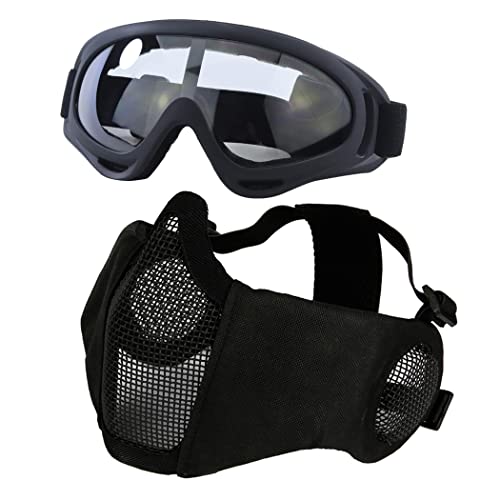 Yzpacc Taktische Airsoft Maskenbrille Set, Verstellbare Halbgesichtsmaske mit Ohrenschutz, Anti-UV, Airsoft Gläser, Augenschutz für Airsoft/BB/CS-Spiele/Jagd/Paintball/Shooting von Yzpacc