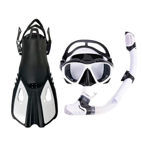 Schnorchelset mit Flossen, Schnorchelausrüstung in Reisegröße mit Schwimmflossen, Hochwertige Tauchermaske für Kinder Erwachsene-White +Black||S/M von ZILUXI