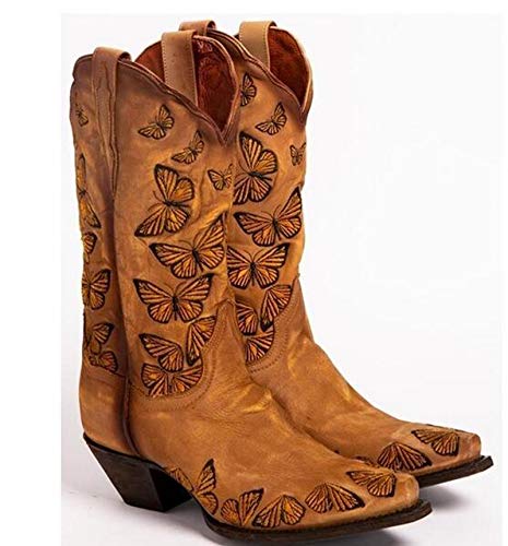 Damen High Heel-Stiefel Western-Cowboy-Stiefel Schmetterlinge gestickte Ankle Boots-quadratische Zehe Chunky-Schnee-Aufladungen,Braun,35 von ZYLL