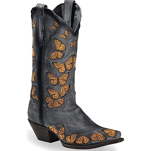 Damen High Heel-Stiefel Western-Cowboy-Stiefel Schmetterlinge gestickte Ankle Boots-quadratische Zehe Chunky-Schnee-Aufladungen,Grau,40 von ZYLL