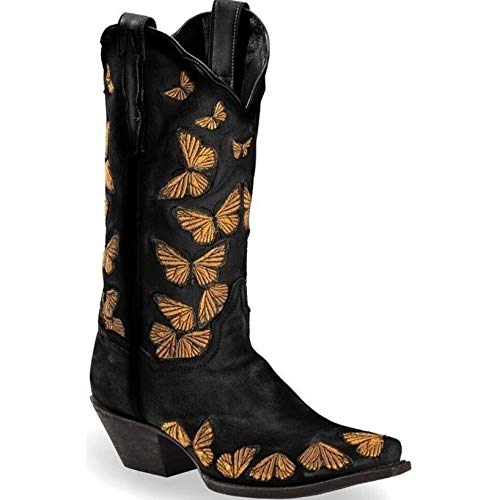 Damen High Heel-Stiefel Western-Cowboy-Stiefel Schmetterlinge gestickte Ankle Boots-quadratische Zehe Chunky-Schnee-Aufladungen,Schwarz,36 von ZYLL