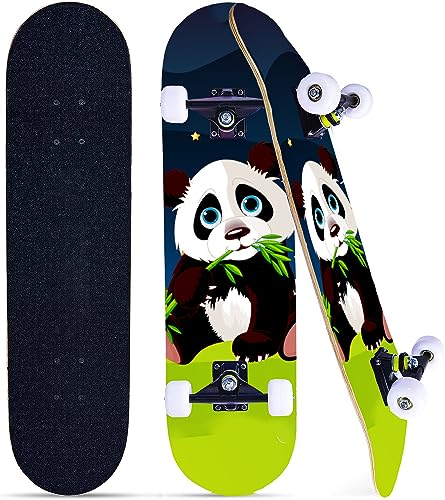 Skateboards für Anfänger, Kinder, Jungen, Mädchen und Erwachsene, 78,7 x 20,3 cm, Pro komplettes Skateboard, 8 Schichten Ahornholz, Double Kick konkav, faszinierend, cool, solide und langlebig (Panda) von asktom