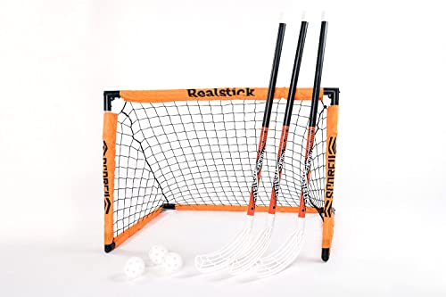 Realstick | Floorball Unihockey Street Hockey Set mit 3 Schlägern, DREI Bällen und einem faltbaren Tor