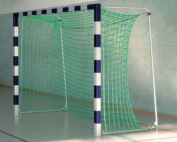 Sport-Thieme Handballtor in Bodenhülsen stehend mit patentierter Eckverbindung, Blau-Silber, Mit anklappbaren Netzbügeln von Sport-Thieme