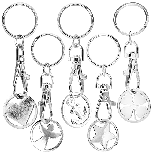 com-four® 5X Schlüsselanhänger aus Metall mit Karabinerhaken und Einkaufswagenchip, Abnehmbarer Einkaufschip als Glücksbringer für den Schlüsselbund (05 Stück - Symbole) von com-four