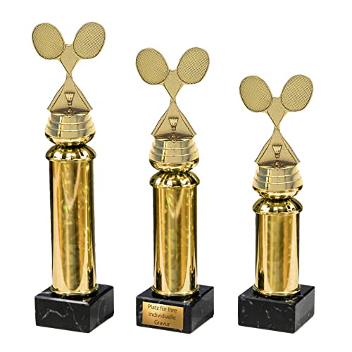 eberin · Badminton Pokale · Federball Wanderpokal · Badmintonschläger auf Goldsäule/Marmor schwarz · Pokal in 3 Größen erhältlich · mit oder ohne Gravur · (26,4 cm) von eberin